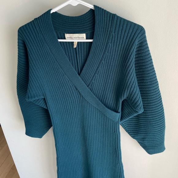 Mara Hoffman Samira Wrap Effect Ribbed Sweater Midi Dress - Teal Blue - Size XS - Picture 7 of 13